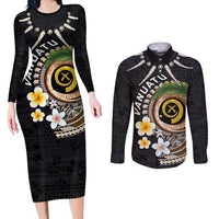 Vanuatu Independence Day Couples Matching Long Sleeve Bodycon Dress and Long Sleeve Button Shirt Melanesian Tribal Pig Tusk with Tropical Plants