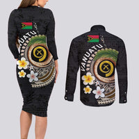 Vanuatu Independence Day Couples Matching Long Sleeve Bodycon Dress and Long Sleeve Button Shirt Melanesian Tribal Pig Tusk with Tropical Plants