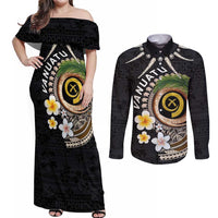 Vanuatu Independence Day Couples Matching Off Shoulder Maxi Dress and Long Sleeve Button Shirt Melanesian Tribal Pig Tusk with Tropical Plants