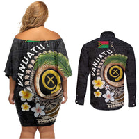 Vanuatu Independence Day Couples Matching Off Shoulder Short Dress and Long Sleeve Button Shirt Melanesian Tribal Pig Tusk with Tropical Plants