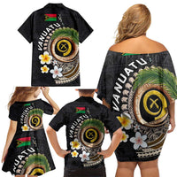 Vanuatu Independence Day Family Matching Off Shoulder Short Dress and Hawaiian Shirt Melanesian Tribal Pig Tusk with Tropical Plants