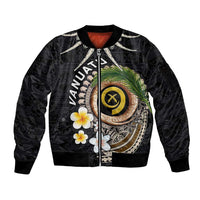 Vanuatu Independence Day Sleeve Zip Bomber Jacket Melanesian Tribal Pig Tusk with Tropical Plants LT03 Unisex Black - Polynesian Pride