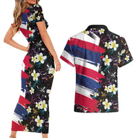 Hawaiian Flag Day Couples Matching Short Sleeve Bodycon Dress and Hawaiian Shirt Tropical Flowers and Leaves