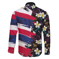 Hawaiian Flag Day Family Matching Off The Shoulder Long Sleeve Dress and Hawaiian Shirt Tropical Flowers and Leaves