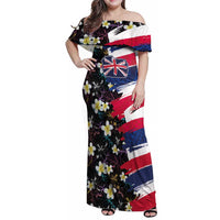 Hawaiian Flag Day Family Matching Off Shoulder Maxi Dress and Hawaiian Shirt Tropical Flowers and Leaves