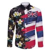 Hawaiian Flag Day Family Matching Off Shoulder Short Dress and Hawaiian Shirt Tropical Flowers and Leaves LT03 Dad's Shirt - Long Sleeve Black - Polynesian Pride