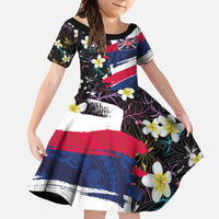 Hawaiian Flag Day Family Matching Short Sleeve Bodycon Dress and Hawaiian Shirt Tropical Flowers and Leaves LT03 Daughter's Dress Black - Polynesian Pride