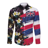Hawaiian Flag Day Long Sleeve Button Shirt Tropical Flowers and Leaves