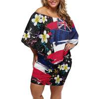 Hawaiian Flag Day Off Shoulder Short Dress Tropical Flowers and Leaves