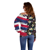 Hawaiian Flag Day Off Shoulder Sweater Tropical Flowers and Leaves