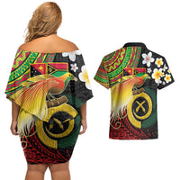 Vanuatu and Papua New Guinea Together Couples Matching Off Shoulder Short Dress and Hawaiian Shirt Bird-of-paradise and Pig Tusk Melanesian Pattern