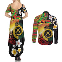 Vanuatu and Papua New Guinea Together Couples Matching Summer Maxi Dress and Long Sleeve Button Shirt Bird-of-paradise and Pig Tusk Melanesian Pattern