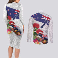 New Zealand Christmas Couples Matching Long Sleeve Bodycon Dress and Long Sleeve Button Shirt Meri Kirihimete-Tuatara and Pohutukawa White Color