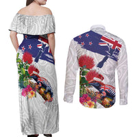 New Zealand Christmas Couples Matching Off Shoulder Maxi Dress and Long Sleeve Button Shirt Meri Kirihimete-Tuatara and Pohutukawa White Color