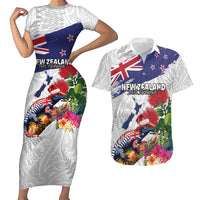 New Zealand Christmas Couples Matching Short Sleeve Bodycon Dress and Hawaiian Shirt Meri Kirihimete-Tuatara and Pohutukawa White Color