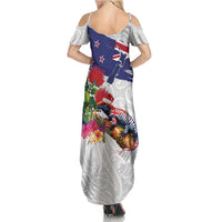 New Zealand Christmas Summer Maxi Dress Meri Kirihimete-Tuatara and Pohutukawa White Color
