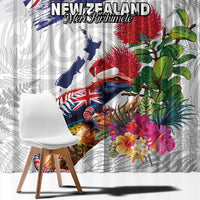 New Zealand Christmas Window Curtain Meri Kirihimete-Tuatara and Pohutukawa White Color