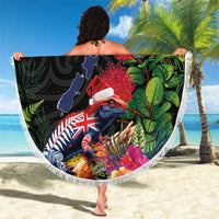 New Zealand Christmas Beach Blanket Meri Kirihimete-Tuatara and Pohutukawa Black Color