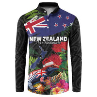 New Zealand Christmas Button Sweatshirt Meri Kirihimete-Tuatara and Pohutukawa Black Color