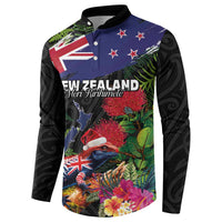 New Zealand Christmas Button Sweatshirt Meri Kirihimete-Tuatara and Pohutukawa Black Color
