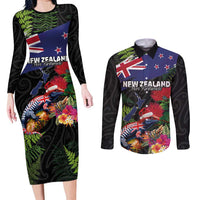 New Zealand Christmas Couples Matching Long Sleeve Bodycon Dress and Long Sleeve Button Shirt Meri Kirihimete-Tuatara and Pohutukawa Black Color