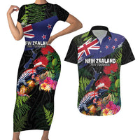 New Zealand Christmas Couples Matching Short Sleeve Bodycon Dress and Hawaiian Shirt Meri Kirihimete-Tuatara and Pohutukawa Black Color