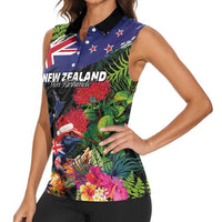New Zealand Christmas Women Sleeveless Polo Shirt Meri Kirihimete-Tuatara and Pohutukawa Black Color