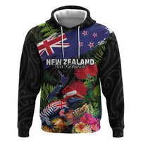 New Zealand Christmas Zip Hoodie Meri Kirihimete-Tuatara and Pohutukawa Black Color