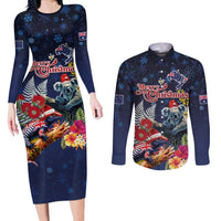 Australia and New Zealand Couples Matching Long Sleeve Bodycon Dress and Long Sleeve Button Shirt Merry Christmas-Tuatara and Koala with Plants Xmas Style