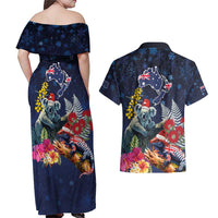 Australia and New Zealand Couples Matching Off Shoulder Maxi Dress and Hawaiian Shirt Merry Christmas-Tuatara and Koala with Plants Xmas Style