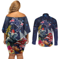 Australia and New Zealand Couples Matching Off Shoulder Short Dress and Long Sleeve Button Shirt Merry Christmas-Tuatara and Koala with Plants Xmas Style