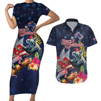 Australia and New Zealand Couples Matching Short Sleeve Bodycon Dress and Hawaiian Shirt Merry Christmas-Tuatara and Koala with Plants Xmas Style