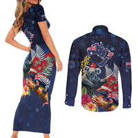 Australia and New Zealand Couples Matching Short Sleeve Bodycon Dress and Long Sleeve Button Shirt Merry Christmas-Tuatara and Koala with Plants Xmas Style