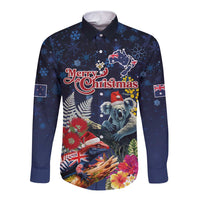 Australia and New Zealand Long Sleeve Button Shirt Merry Christmas-Tuatara and Koala with Plants Xmas Style
