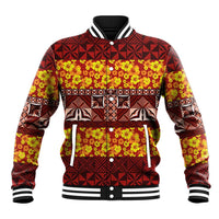 Samoa Siapo and Tapa Baseball Jacket Pacific Tribal Pattern with Hibiscus Striped Style LT03 Unisex Red - Polynesian Pride