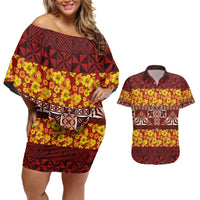 Samoa Siapo and Tapa Couples Matching Off Shoulder Short Dress and Hawaiian Shirt Pacific Tribal Pattern with Hibiscus Striped Style LT03 Red - Polynesian Pride