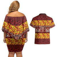 Samoa Siapo and Tapa Couples Matching Off Shoulder Short Dress and Hawaiian Shirt Pacific Tribal Pattern with Hibiscus Striped Style LT03 - Polynesian Pride