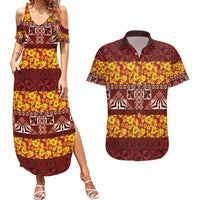 Samoa Siapo and Tapa Couples Matching Summer Maxi Dress and Hawaiian Shirt Pacific Tribal Pattern with Hibiscus Striped Style LT03 Red - Polynesian Pride