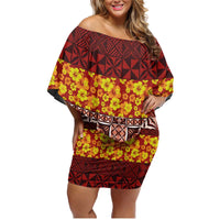 Samoa Siapo and Tapa Family Matching Off Shoulder Short Dress and Hawaiian Shirt Pacific Tribal Pattern with Hibiscus Striped Style