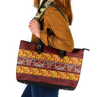 Samoa Siapo and Tapa Leather Tote Bag Pacific Tribal Pattern with Hibiscus Striped Style LT03 Red - Polynesian Pride