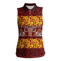Samoa Siapo and Tapa Women Sleeveless Polo Shirt Pacific Tribal Pattern with Hibiscus Striped Style LT03 Female Red - Polynesian Pride