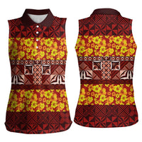 Samoa Siapo and Tapa Women Sleeveless Polo Shirt Pacific Tribal Pattern with Hibiscus Striped Style LT03 - Polynesian Pride