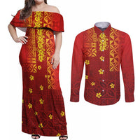 Samoa Tapa Pacific Tribal Pattern Couples Matching Off Shoulder Maxi Dress and Long Sleeve Button Shirt Hibiscus and Plumeria LT03 Red - Polynesian Pride