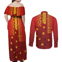 Samoa Tapa Pacific Tribal Pattern Couples Matching Off Shoulder Maxi Dress and Long Sleeve Button Shirt Hibiscus and Plumeria LT03 - Polynesian Pride