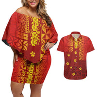 Samoa Tapa Pacific Tribal Pattern Couples Matching Off Shoulder Short Dress and Hawaiian Shirt Hibiscus and Plumeria LT03 Red - Polynesian Pride