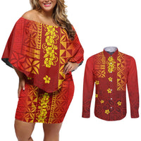 Samoa Tapa Pacific Tribal Pattern Couples Matching Off Shoulder Short Dress and Long Sleeve Button Shirt Hibiscus and Plumeria LT03 Red - Polynesian Pride