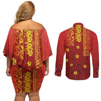 Samoa Tapa Pacific Tribal Pattern Couples Matching Off Shoulder Short Dress and Long Sleeve Button Shirt Hibiscus and Plumeria LT03 - Polynesian Pride