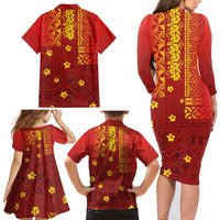 Samoa Tapa Pacific Tribal Pattern Family Matching Long Sleeve Bodycon Dress and Hawaiian Shirt Hibiscus and Plumeria