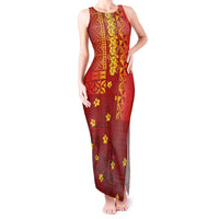 Samoa Tapa Pacific Tribal Pattern Tank Maxi Dress Hibiscus and Plumeria LT03 Women Red - Polynesian Pride