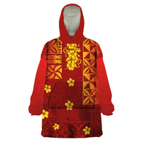 Samoa Tapa Pacific Tribal Pattern Wearable Blanket Hoodie Hibiscus and Plumeria LT03 One Size Red - Polynesian Pride